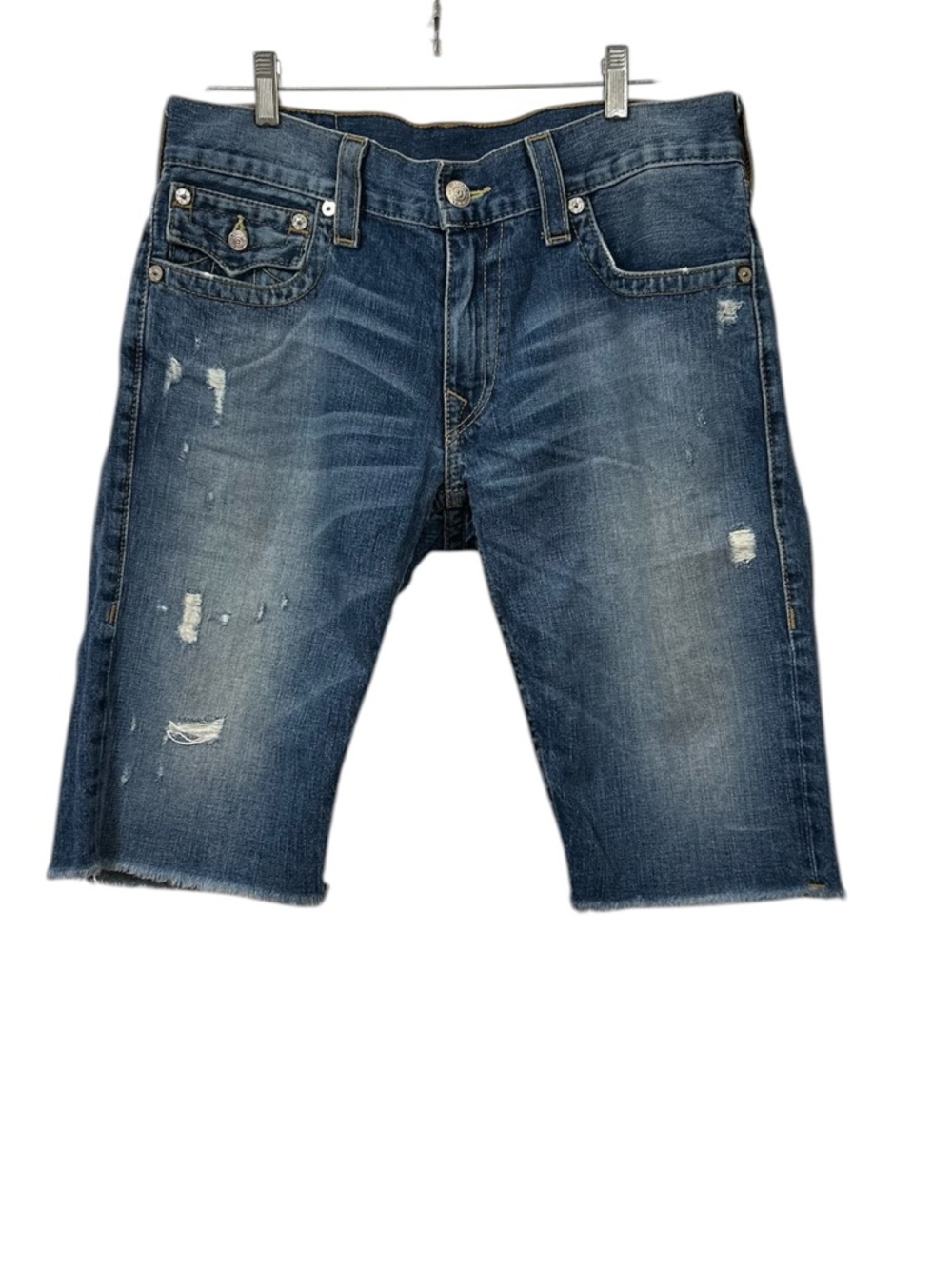 TRUE RELIGION Jean Shorts Men’s size 33 Ricky Straight Cut Off Flap Heavy Stitch